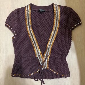 Y2K Bebe Brown Sequin Trim Knit Tie Front Cardigan Vintage 2000s Streetwear